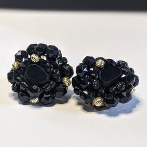 Black & gold beaded cluster earrings West Germany